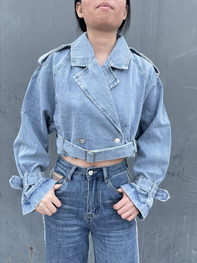Women's Jackets RR3191 Trf Denim Cropped Trench Coat For Women Oversized Short Trench Coats Women Short Jackets Ladies Long Sleeve Loose 230826