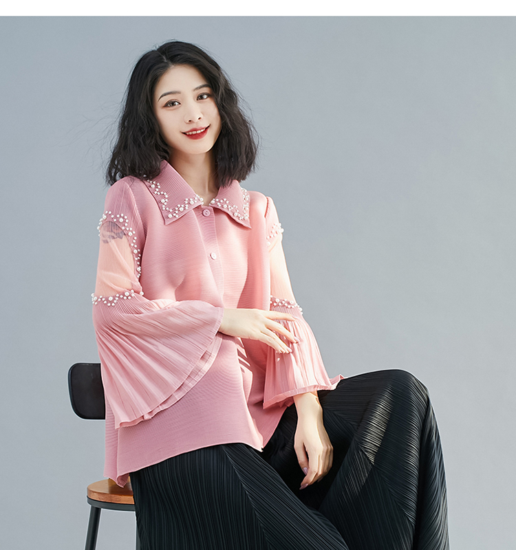 Sexy Summer Fashion Oversized Solid Color Pearls Beading Long Flare Sleeve Pleated Blouse Tops Women Loose High Stretchy Shirts