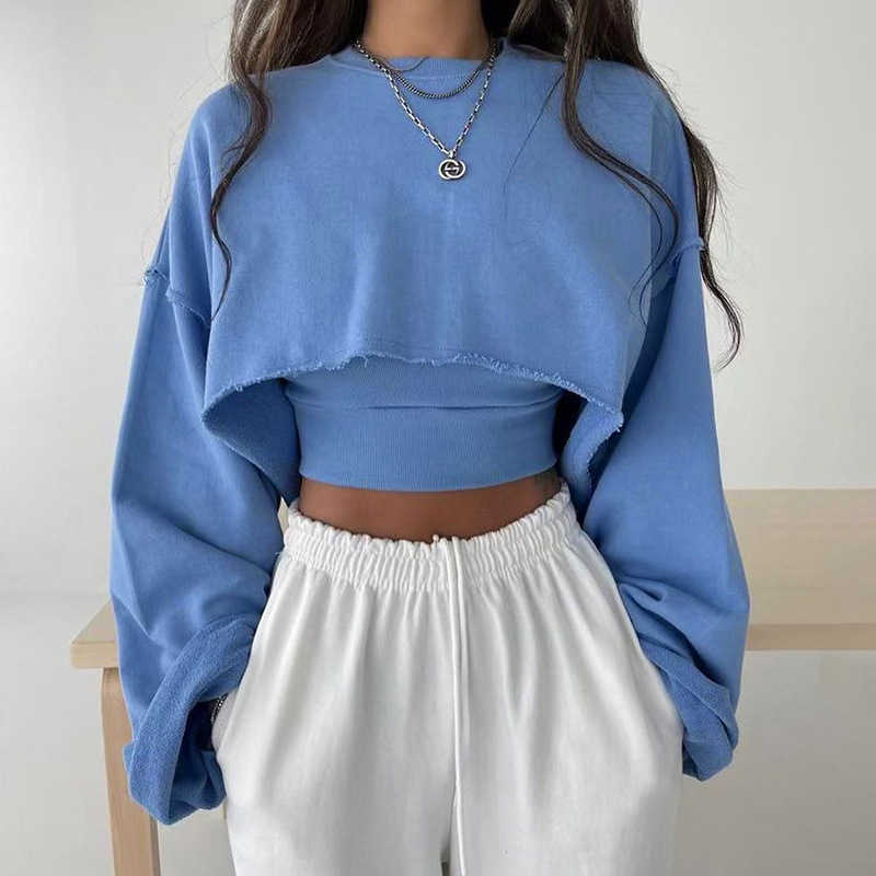 fashion style wool cuffed long sleeved pullover sweater knitted open navel vest two-piece top