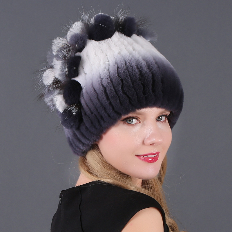 Beanie/Skull Caps Winter Women's Warm Fashion Beanie Knitted Hat Real Rex Rabbit Fur Hat Knitted With Side Flower Russia Hat 230826