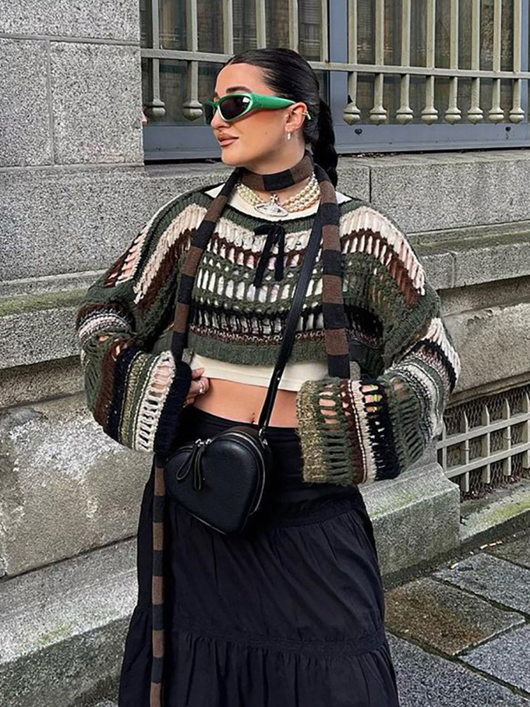 Women's Sweaters Goth Dark Kitted Vintage Gothic Loose Hollow Out Sweaters Retro Y2k Fairy Grunge Streetwear Crop Shrug Tops Sexy Striped Outwear