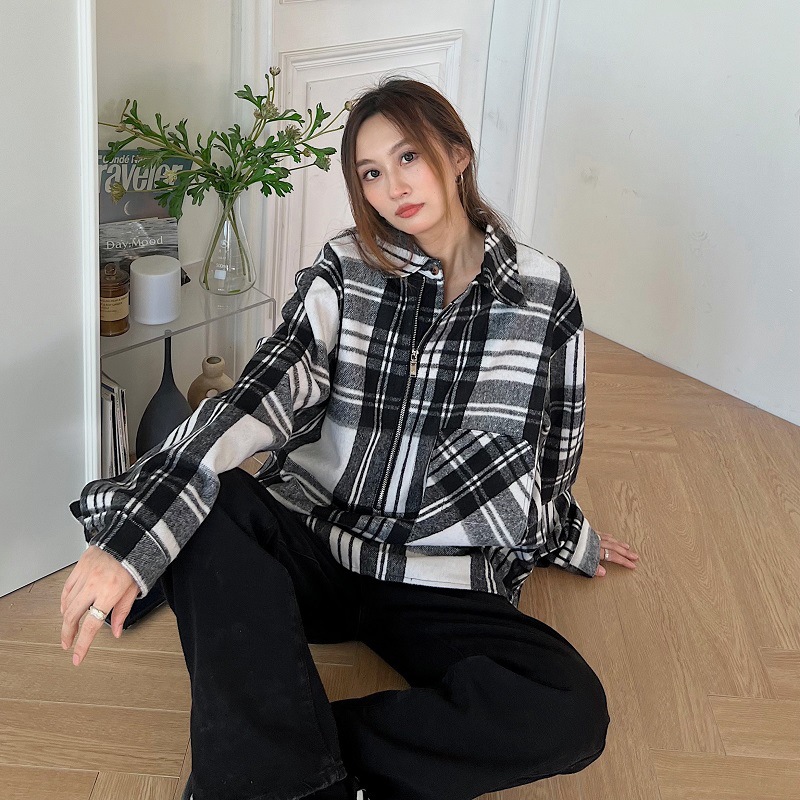 Clothing Men Women Printed Outerwear Cotton Coat Long Sleeve Loose Plaid Stripes Half Zipper Jacket Man