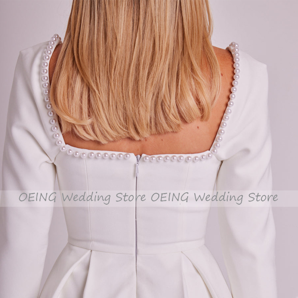 Urban Sexy Dresses Short Wedding Dress Long Sleeves Pearls Square Collar Mini Wedding Gown for Women Bride A Line Backless Cute Bridal Dresses 230826