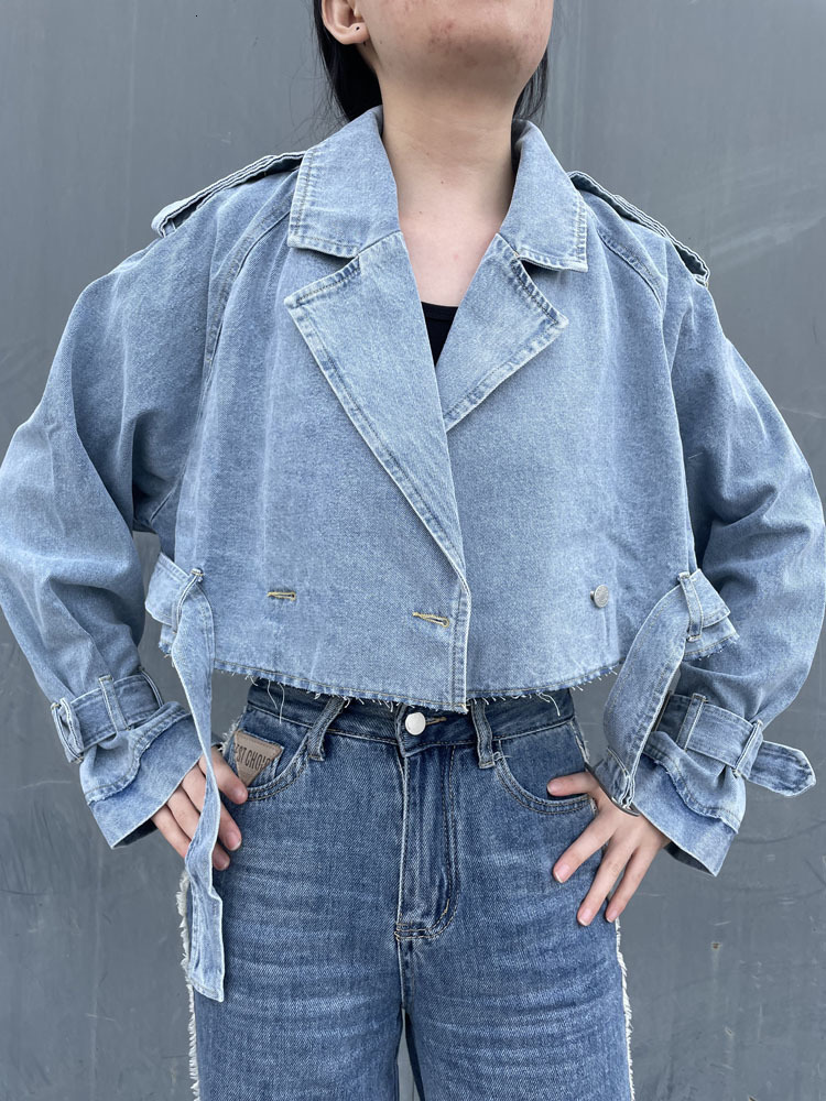 Women's Jackets RR3191 Trf Denim Cropped Trench Coat For Women Oversized Short Trench Coats Women Short Jackets Ladies Long Sleeve Loose 230826