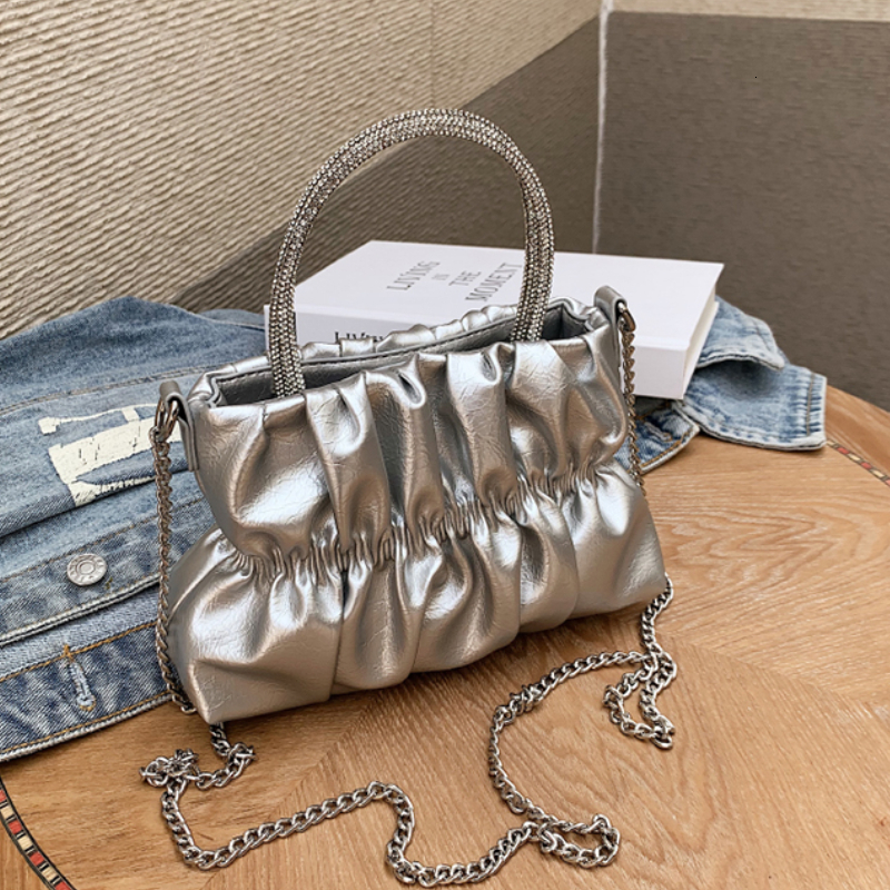 Evening Bags Korean Fashion Pleated Chain Silver Quilted Women Underarm Shoulder Side Bag Crossbody Bag Handbag Y2K with Mental Handle 230826
