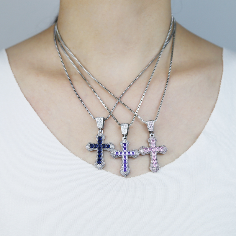 Pendant Necklaces Men Women Colorful Blue Pink Purple Colorful Cz Cross Pendant Necklace Iced Out Bling 5A Cubic Zirocnia Hip Hop Jewelry 230826