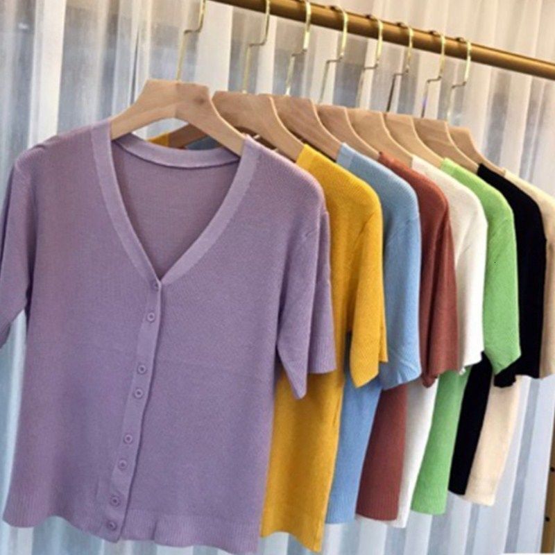 Womens Knits Tees fashion girl summer clothing knitted jacket loose short cardigan women crop tops sleeve vneck blouse 230826