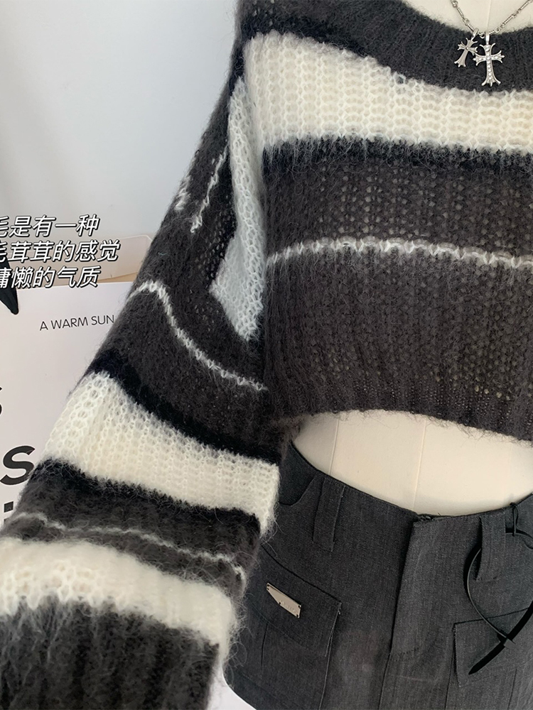Women's Sweaters Y2K Cropped Black Sweater Korean Style Women Striped Jumper Vintage Female Autumn Long Sleeve Crewneck Pullovers Tops 230827