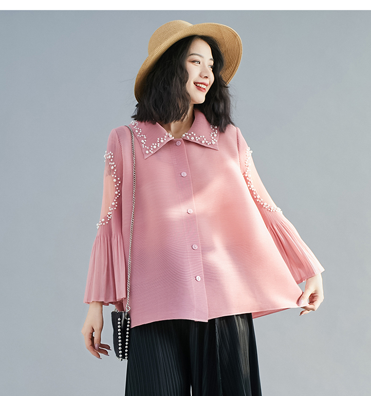 Sexy Summer Fashion Oversized Solid Color Pearls Beading Long Flare Sleeve Pleated Blouse Tops Women Loose High Stretchy Shirts