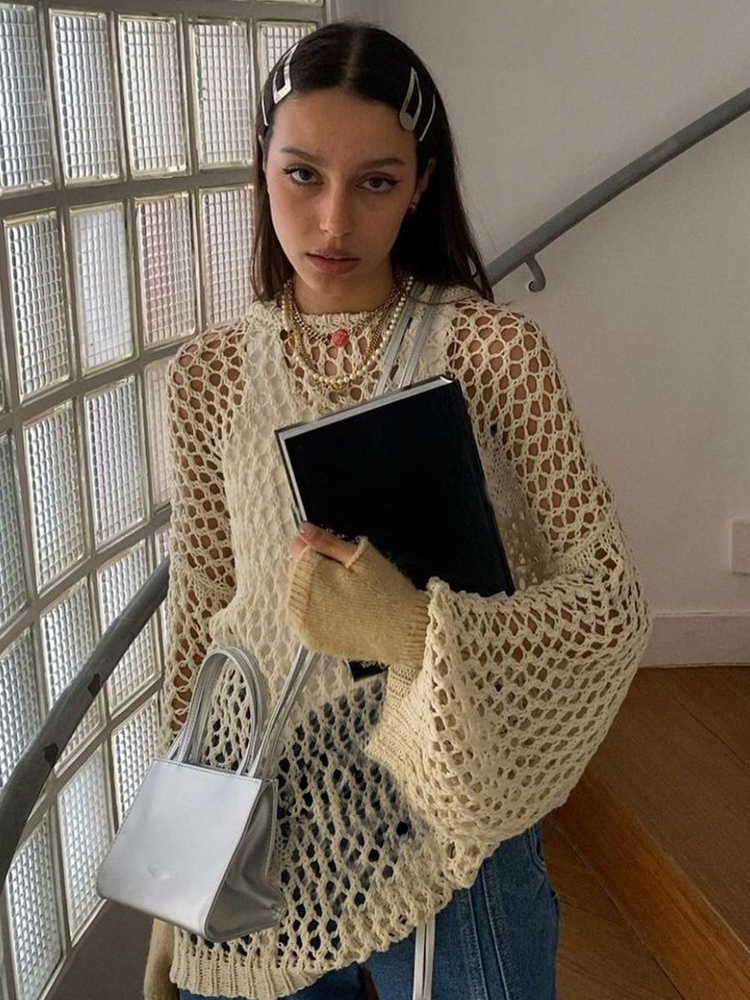 Women's Sweaters Weekeep y2k Crochet Sweater Hollow Out Loose Smock Grunge Fishnet Distressed Pullovers Oversized Knit Jumper Harajuku Streetwear