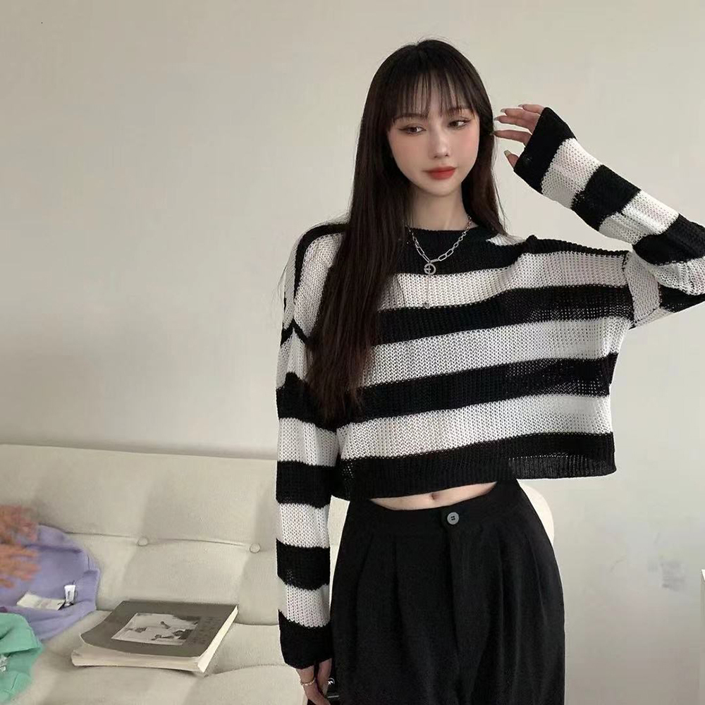 Women's Sweaters Fashion Cropped Sweater Sexy Tops Women Black White Striped Pullover Knitted Sweater Women Korean Jumper Y2K Wholesale Goth 2308
