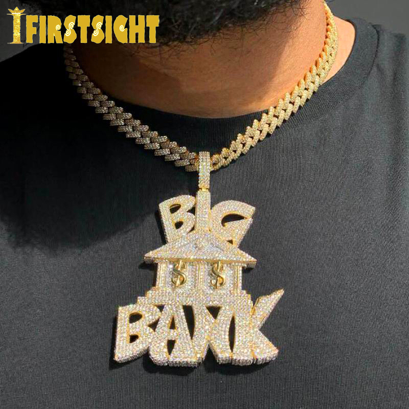 Pendant Necklaces Iced Out Bling Heavy Chunky CZ Letter Big Bank Pendant Necklace Cubic Zirconia Dollar Symbol Bank Charm Men Hip Hop Jewelry 230826