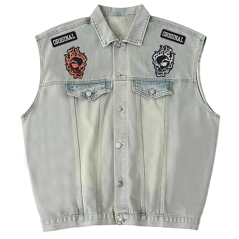 Men's Vests Short Loose Men Denim Vest Motorcycle Waistcoat Embroidery Patches Sleeveless Cowboy Jacket Club Riding Punk Veste 230826