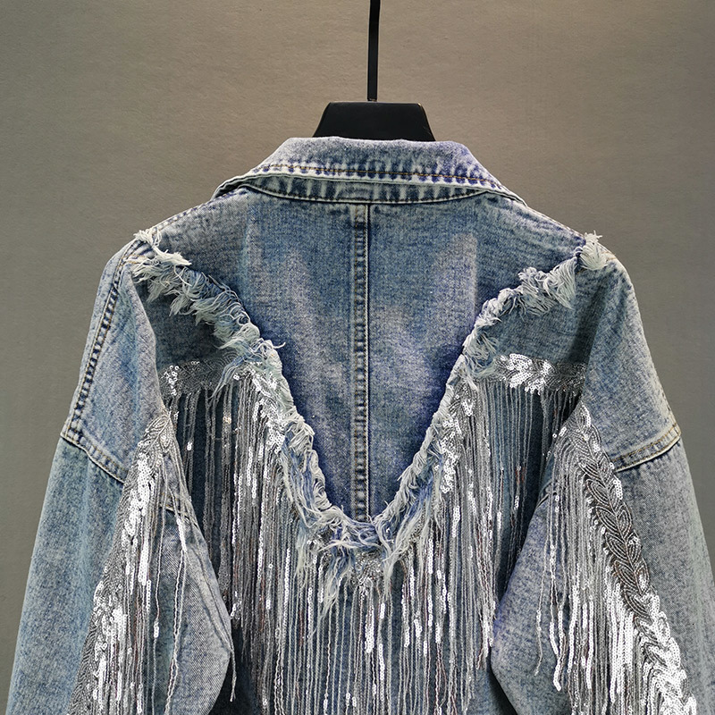 Fringed Sequined Denim Jean Jacket For Women - Retro BF Style Spring B4