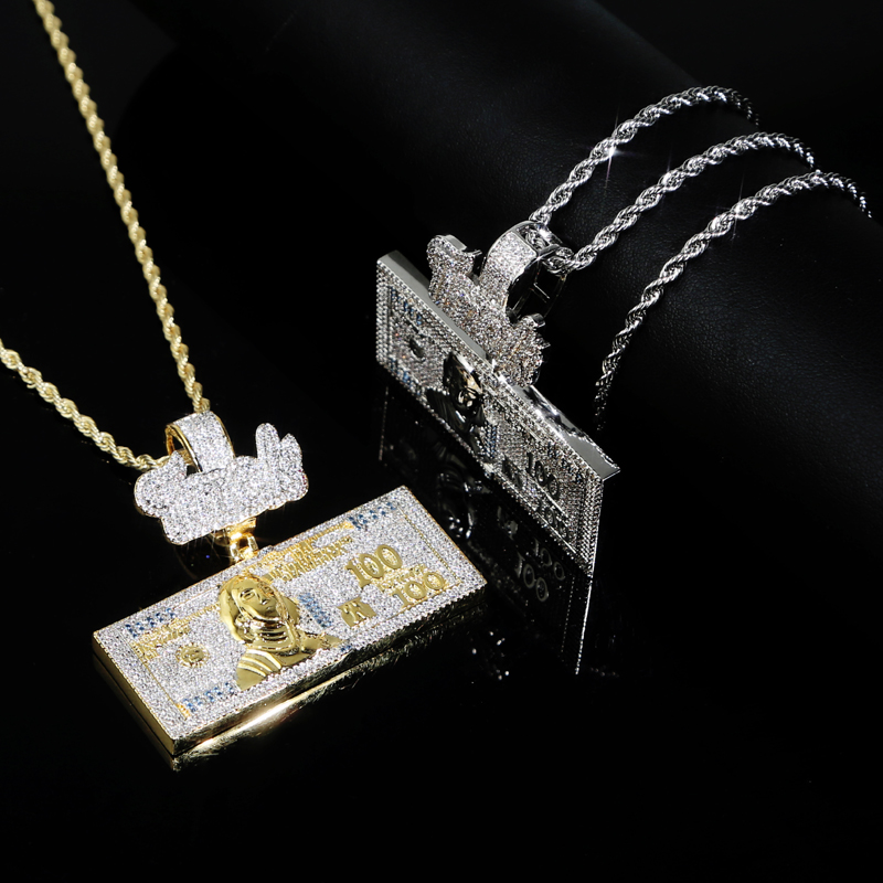 New Designer US 100 Money Pendant Charm with Rope Chain Necklace Hip Hop Punk Styles Women Men Full Paved 5A Cubic Zirconia Gift Jewelry dh5727163