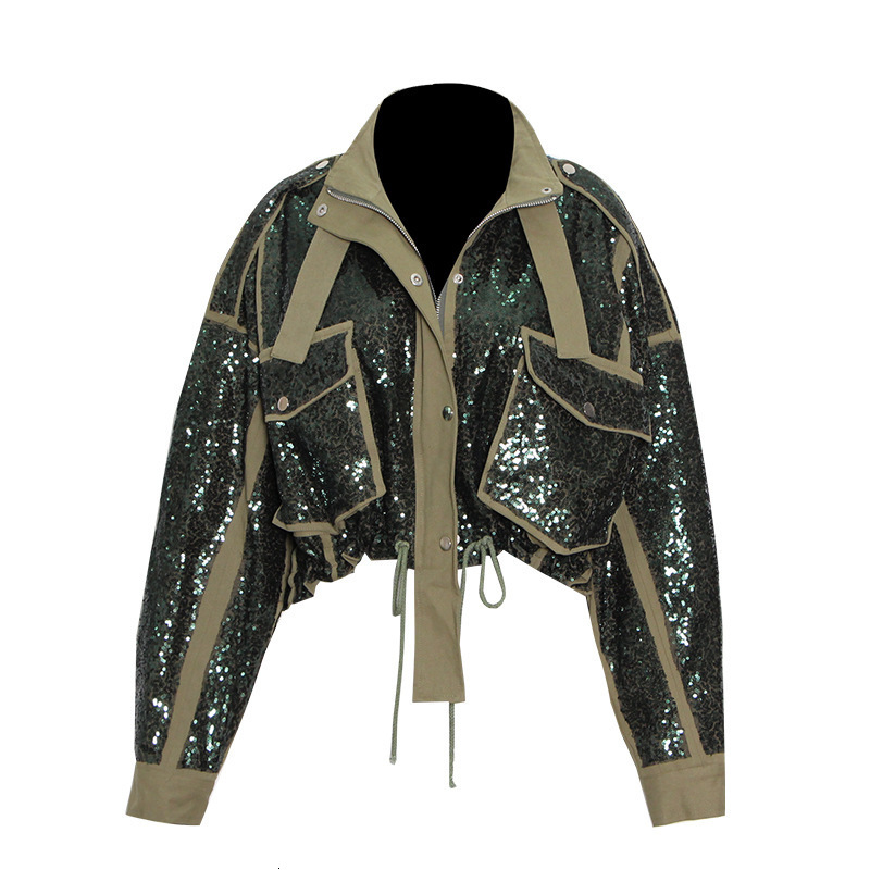 Womens Jackets Street Fashion Spring Army Green Sequins Ing Lapel Tie Waist Short Ladies Jacket Lace Up Loose Cargo Girl Outwear 230828 B4