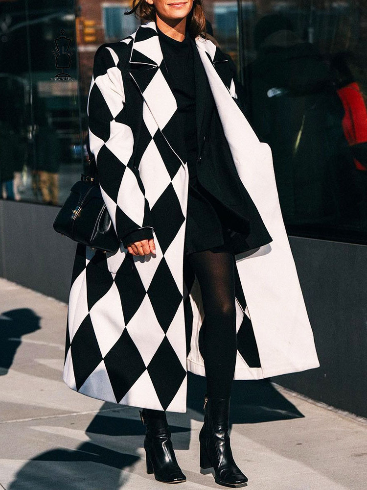 Women's Wool Blends Women Long Sleeved Lapel Woolen Coat Fashion Elegant Temperament Winter Coat Warm Loose Printed Pockets Women's Clothes 