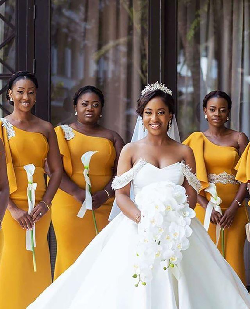 African Nigerian Mermaid Bridesmaid Dresses 2023 Yellow Gold One Shoulder Outdoor Beach Maid Of Honor Wedding Guest Party Dress