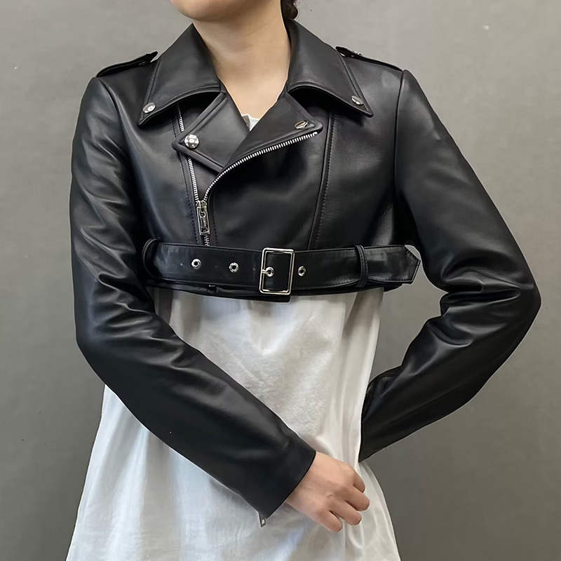 Womens Leather Faux Spring Autumn Jacket Lady Fashion Moto Crop Y2K Women Short Coat Genuine Sheepskin FG5539 230828