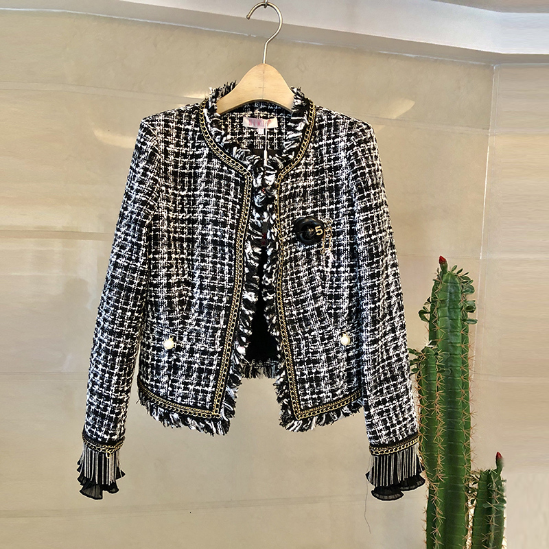 Womens Tweed Tassel Coat With Beading Elegant Long Sleeve Jacket For Autumn And Winter Fashion B4