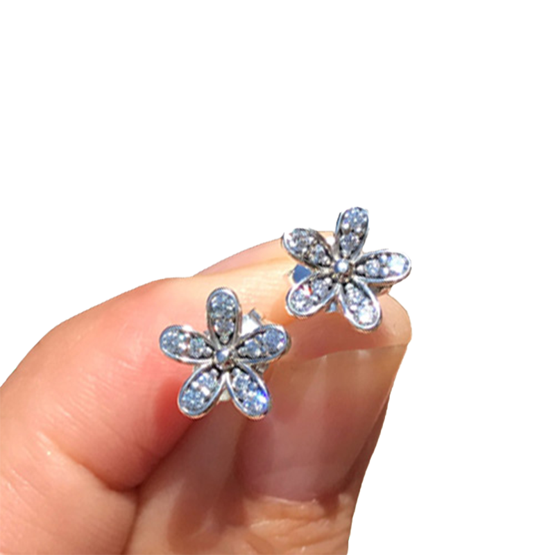Authentic 925 Silver Daisy Small Earrings for CZ Diamond Wedding Jewelry Cute Girls Earring with Gift box Set