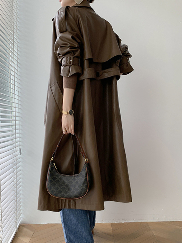 Womens Leather Faux LANMREM PU Coat For Women Lapel Double Breasted Long Sleeves Solid Color Belt Coats Female Fashion Clothing 2R7740 230828