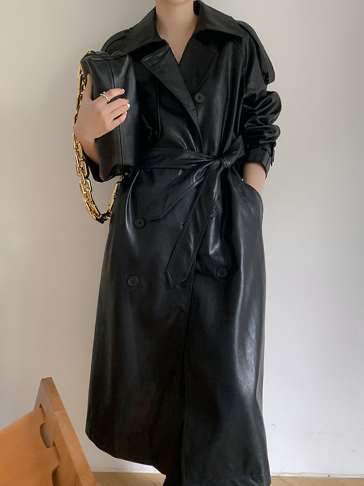 Womens Leather Faux LANMREM PU Coat For Women Lapel Double Breasted Long Sleeves Solid Color Belt Coats Female Fashion Clothing 2R7740 230828