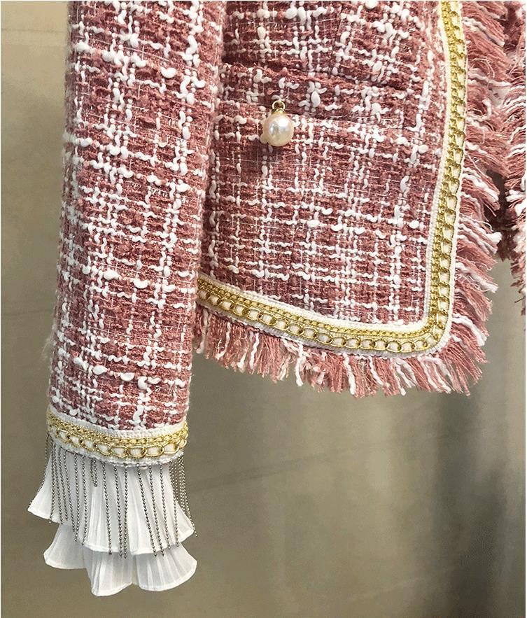 Womens Tweed Tassel Coat With Beading Elegant Long Sleeve Jacket For Autumn And Winter Fashion B4