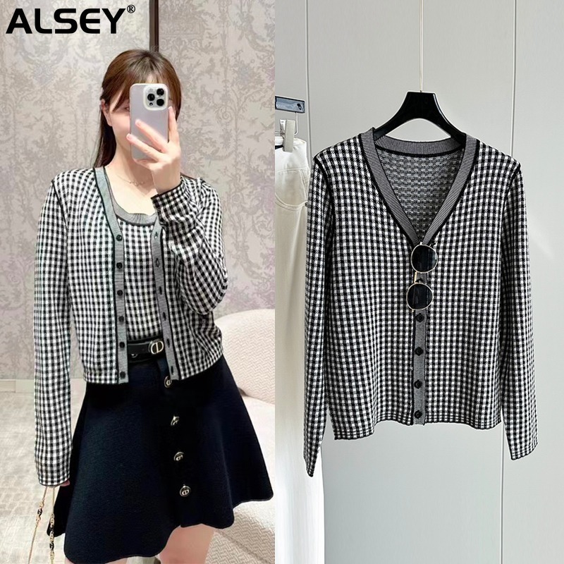 Womens Jackets ALSEY Jacquard Knit Longsleeved Cardigan Tops Fall Retro Plaid Singlebreasted Sweater Casual Elegant Jacket Women 230828