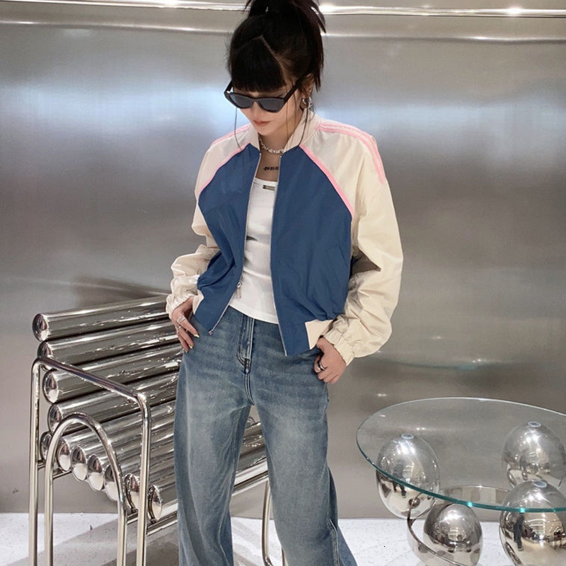 Womens Jackets Fashion Patchwork Bomber Jacket Women Zip Up Loose Cropped Woman Round Neck Long Sleeve Streetwear Coat Female 230828