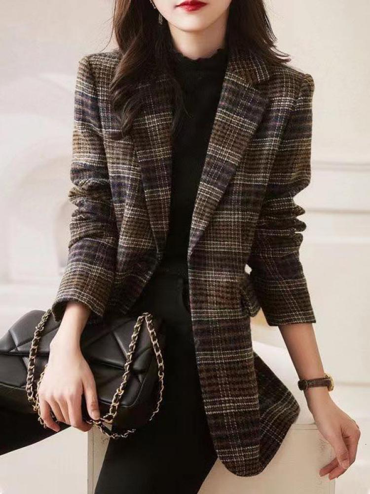 Womens Wool Blends Autumn Winter Vintage Brown Women Patchwork Plaid Woolen Blazer Coat Female Slim Long Sleeve Jacket Thick Cardigans Uterwear 230828