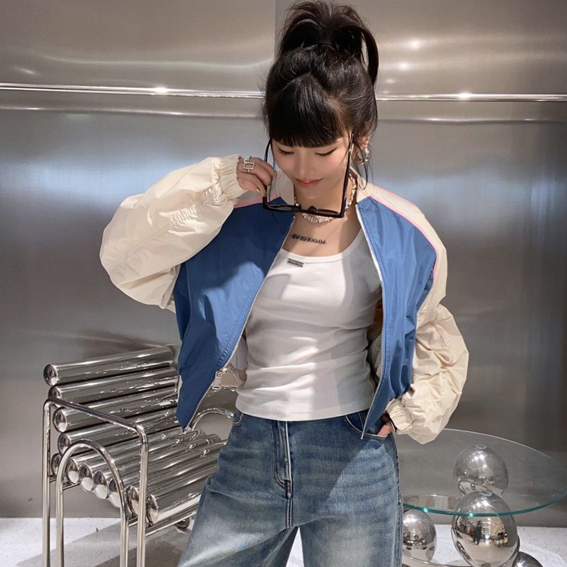 Womens Jackets Fashion Patchwork Bomber Jacket Women Zip Up Loose Cropped Woman Round Neck Long Sleeve Streetwear Coat Female 230828