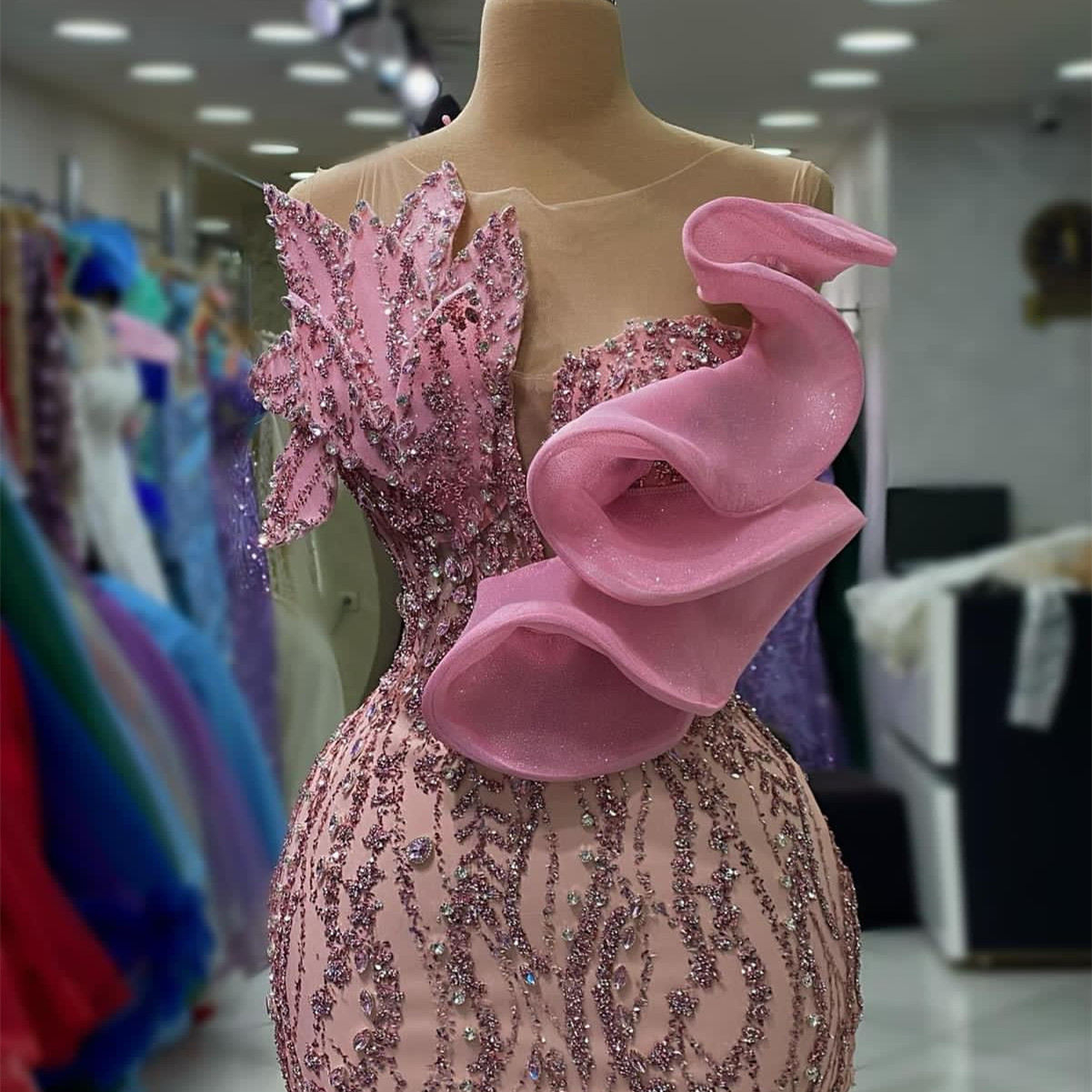 2023 August Aso Ebi Pink Mermaid Prom Dress Crystals Sequined Lace Evening Formal Party Second Reception Birthday Engagement Gowns Dresses Robe De Soi