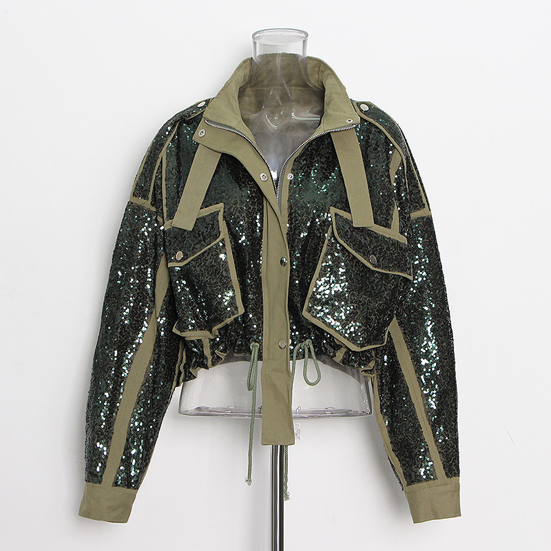 Womens Jackets Street Fashion Spring Army Green Sequins Ing Lapel Tie Waist Short Ladies Jacket Lace Up Loose Cargo Girl Outwear 230828 B4