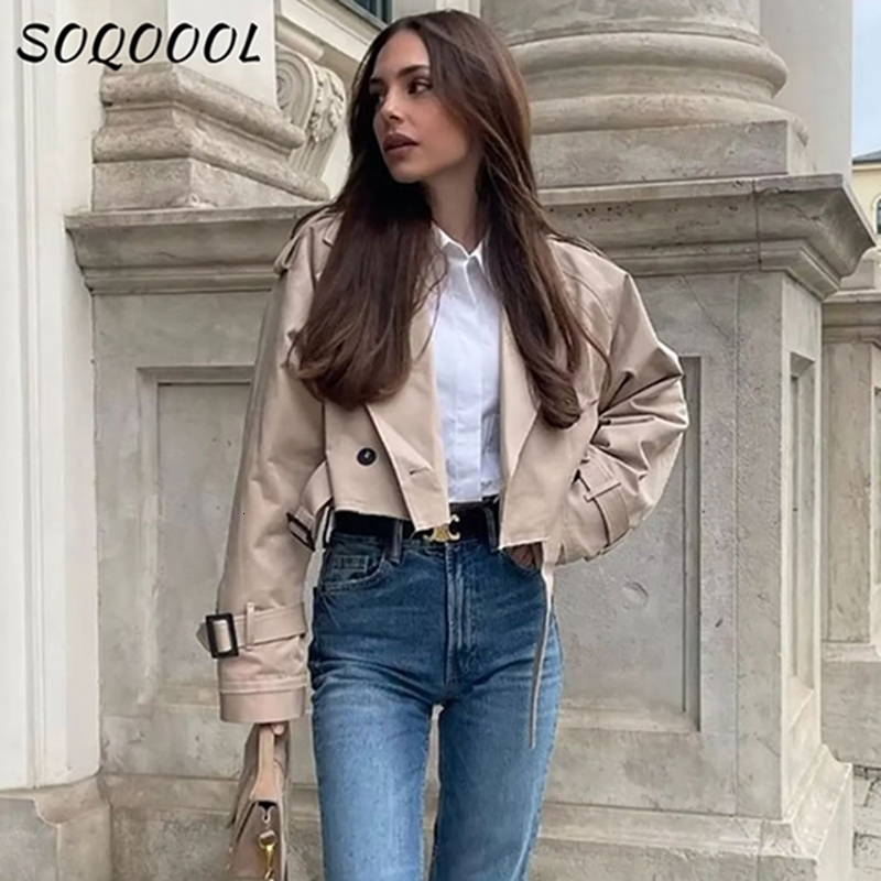 Womens Jackets Khaki Belt Women Jacket Autumn Fashion Casual Streetwear Button Loose Long Sleeve Tops Female Cropped Trench Coat Outwear 230828