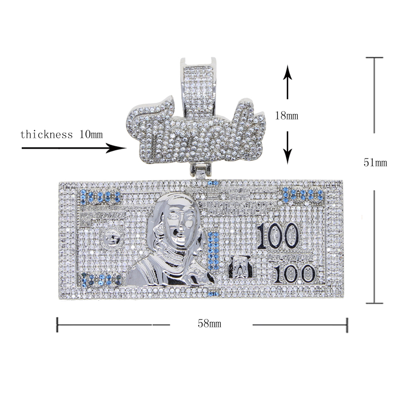 New Designer US 100 Money Pendant Charm with Rope Chain Necklace Hip Hop Punk Styles Women Men Full Paved 5A Cubic Zirconia Gift Jewelry dh5727163