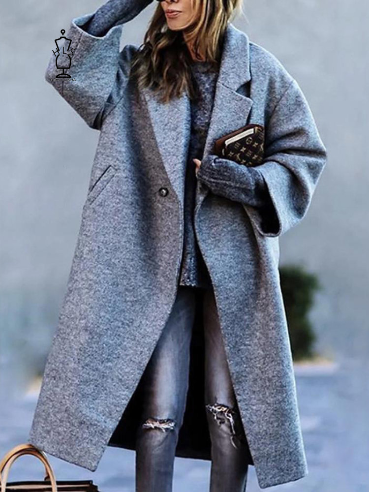 Women's Wool Blends Women Long Sleeved Lapel Woolen Coat Fashion Elegant Temperament Winter Coat Warm Loose Printed Pockets Women's Clothes 