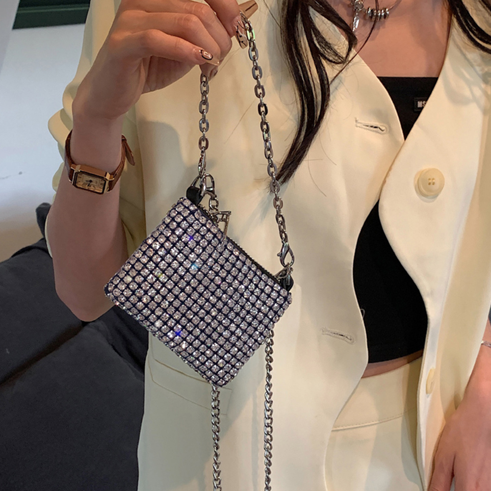 Evening Bags Trend Mini Square Bag Metal Double Chain Shoulder Bag Sparking Y2K Style Party Bag Diamond Coin Purse 230826