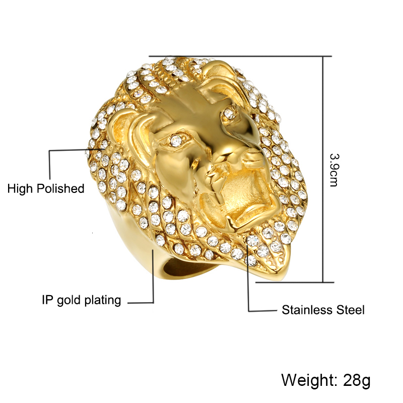 Band Rings HIP Hop Lion Head Micro Pave Iced Out Bling Mens Ring IP Gold Plated Stainless Steel Rings for Men Jewelry 230826