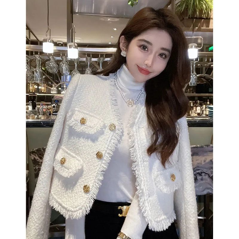 Women's Wool Blends Autumn Short Korean Tweed Jacket Women High quality Long Sleeve Small Chic Female Elegant Woolen Coat woman Tops 230826