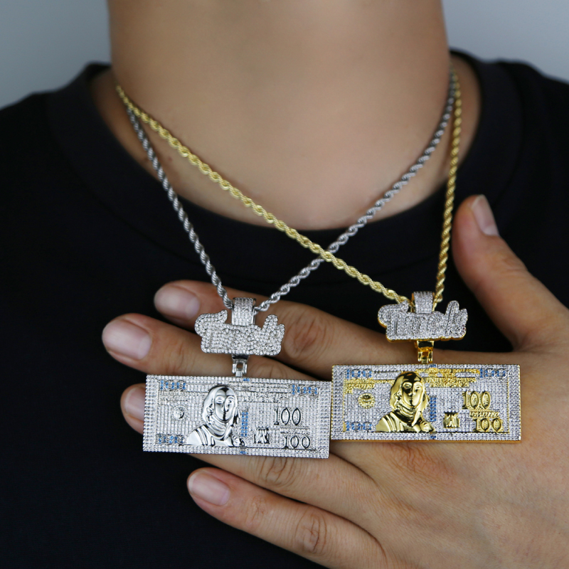 New Designer US 100 Money Pendant Charm with Rope Chain Necklace Hip Hop Punk Styles Women Men Full Paved 5A Cubic Zirconia Gift Jewelry dh5727163