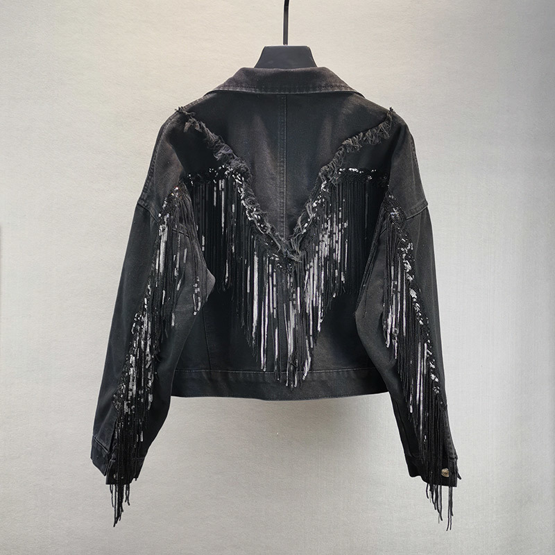 Fringed Sequined Denim Jean Jacket For Women - Retro BF Style Spring B4