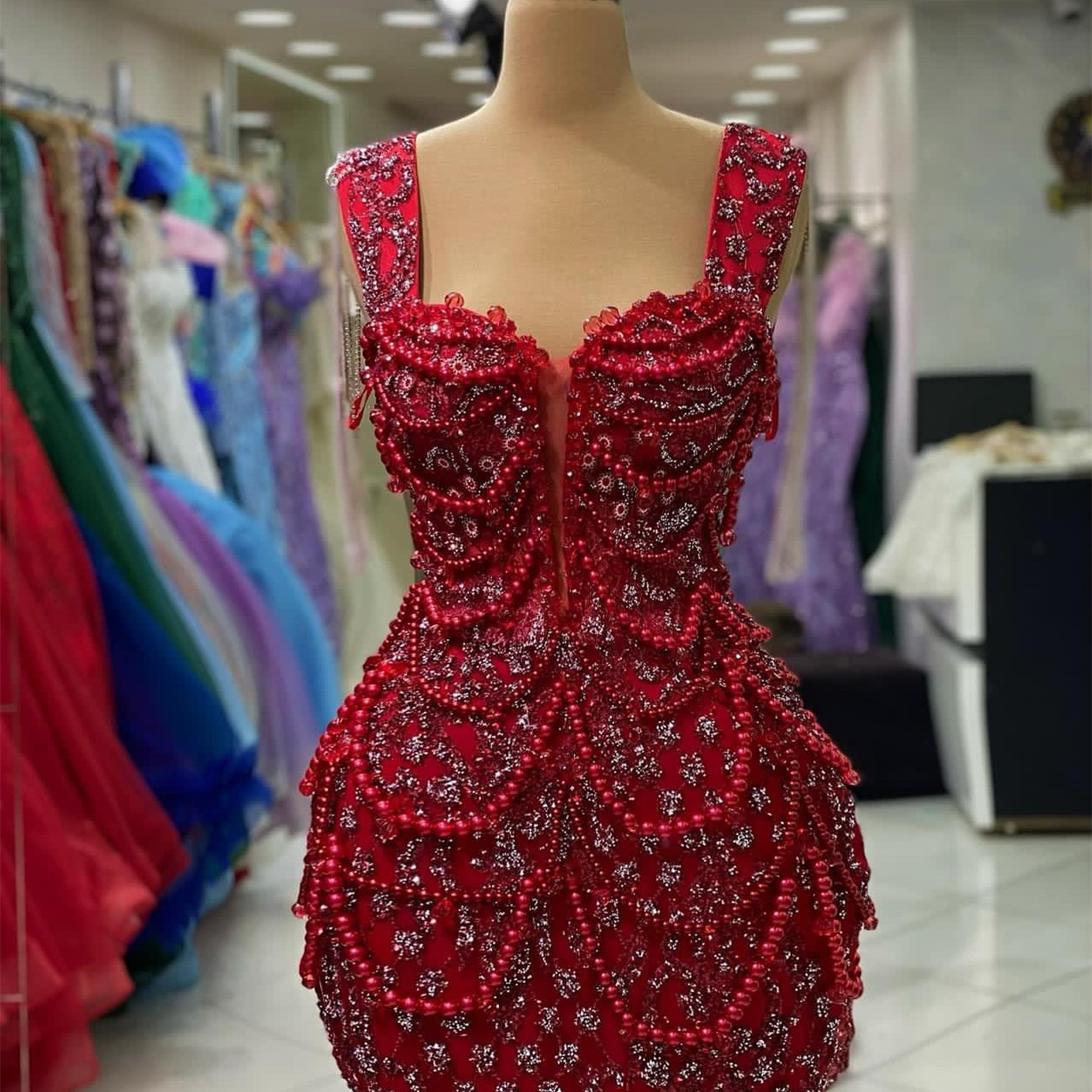 2023 August Aso Ebi Red Mermaid Prom Dress Pearls Crystals Luxurious Evening Formal Party Second Reception Birthday Engagement Gowns Dresses Robe De S