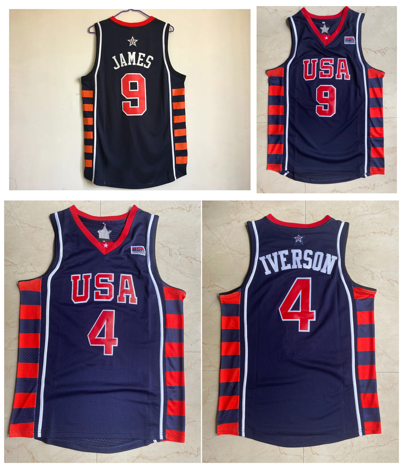 2004 Team USA LeBron James Allen Iverson Basketball Jersey Throwback Blue Size S-XXL