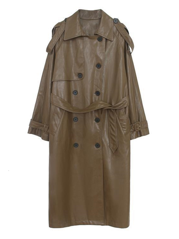 Womens Leather Faux LANMREM PU Coat For Women Lapel Double Breasted Long Sleeves Solid Color Belt Coats Female Fashion Clothing 2R7740 230828