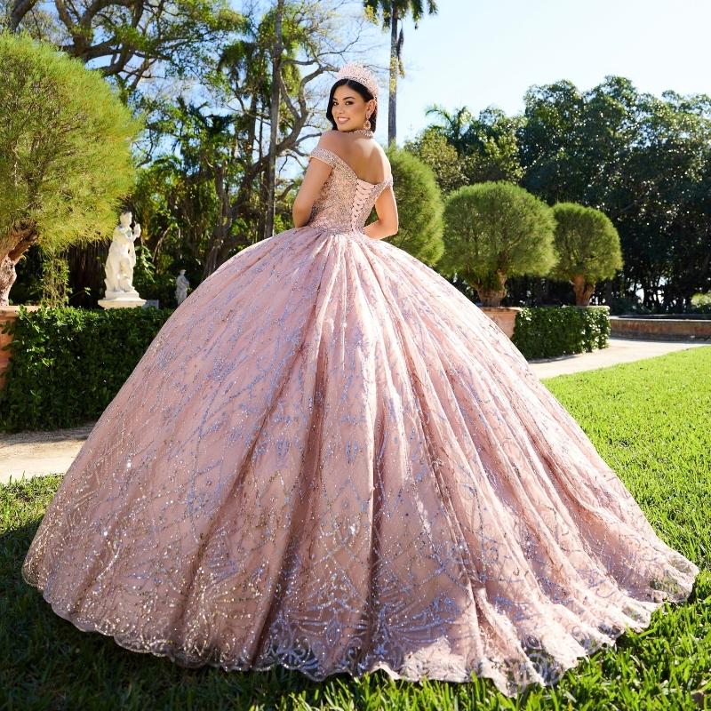 Pink Off-Shoulder Ball Gown Quinceanera Dresses Vestidos De 15 Anos Applique Lace Beads Glitter Skirt Princess Party Gowns