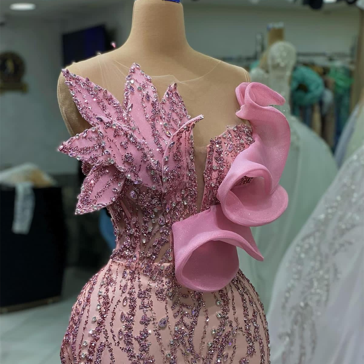 2023 August Aso Ebi Pink Mermaid Prom Dress Crystals Sequined Lace Evening Formal Party Second Reception Birthday Engagement Gowns Dresses Robe De Soi