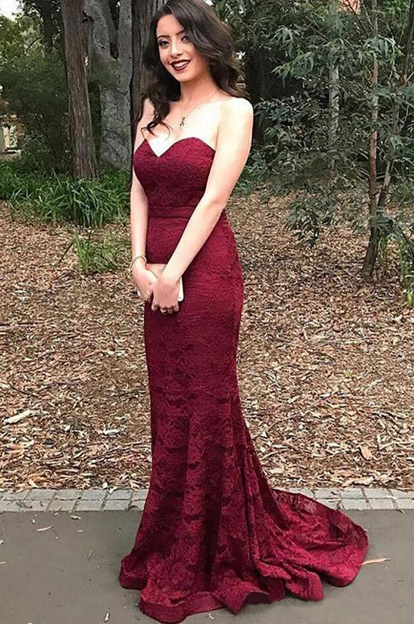 Elegant Burgundy Sweetheart Lace Mermaid Cheap Long Bridesmaid Dresses 2023 Wine Maid of Honor Wedding Guest Dress Prom Party Gowns
