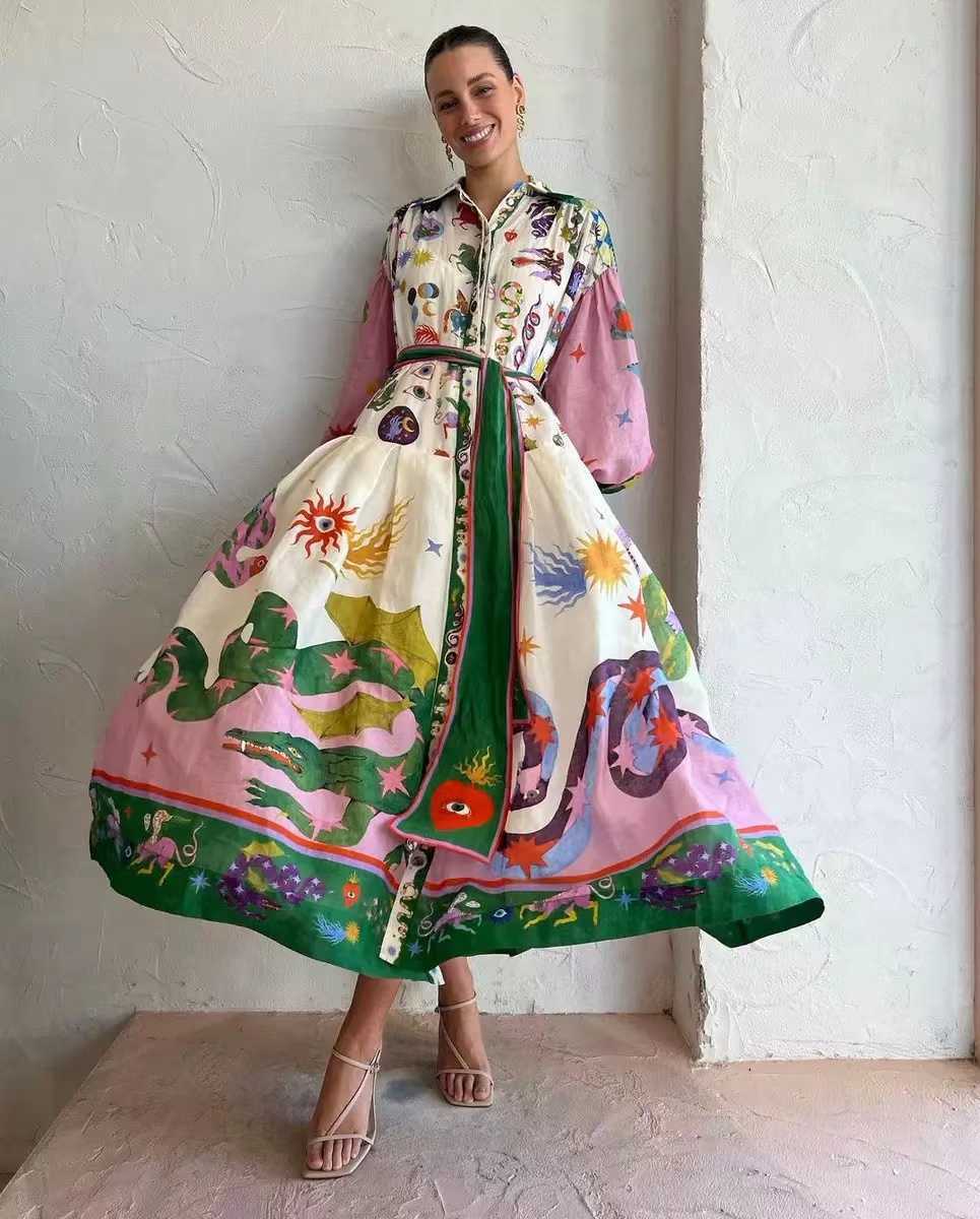 Basic Casual Dresses 2023 Autumn Printed Holiday Women's Beach Dress with Long Lamp Sleeves Mermaid Ocean Flower Dress Single A-line Pleated