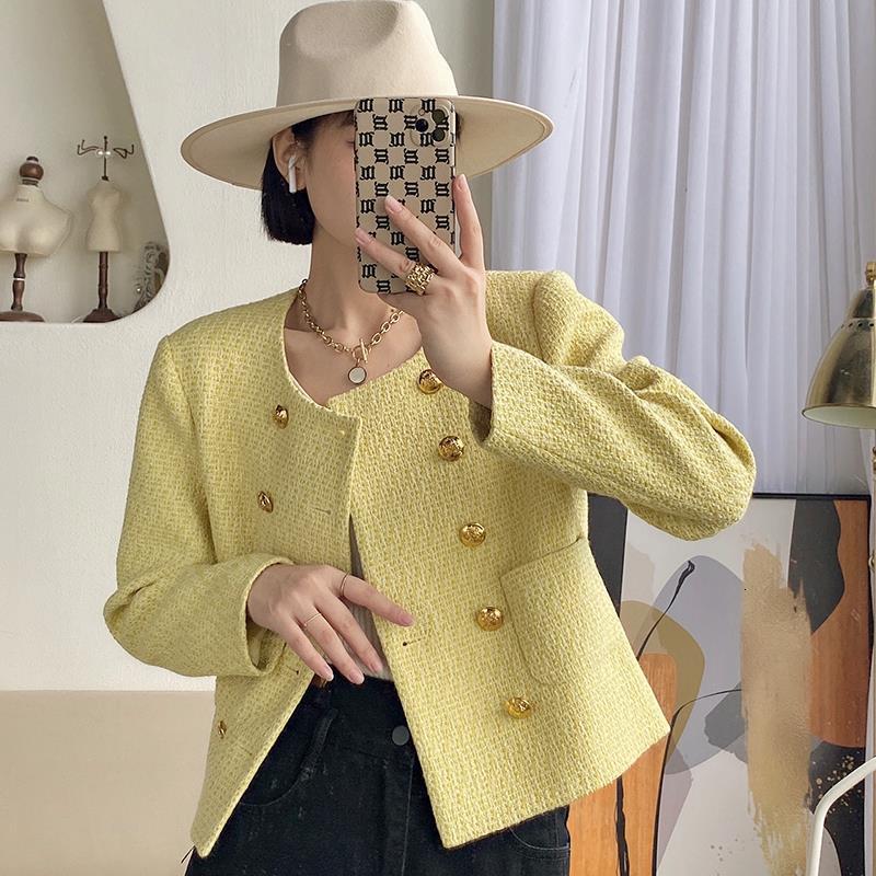 Womens Jackets French Temperament Small Fragrant Women Coat Long Sleeve O Neck Yellow Short Tops Autumn Doublebreasted Female Jacket 230828